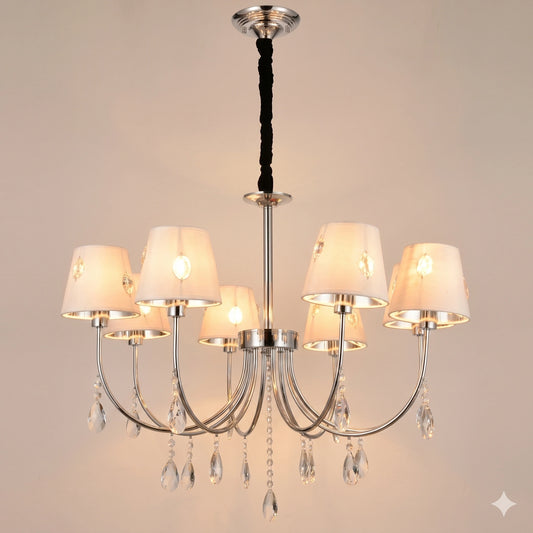 Elsewedy 8-Light Chromium Modern Chandelier - 36cm Height Adjustable Pendant Light with White Shades (1205/8)