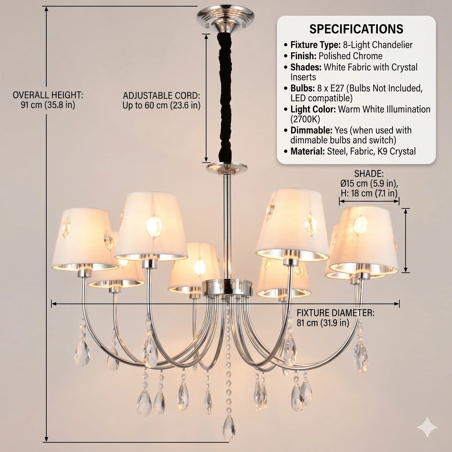 Elsewedy 8-Light Chromium Modern Chandelier - 36cm Height Adjustable Pendant Light with White Shades (1205/8)