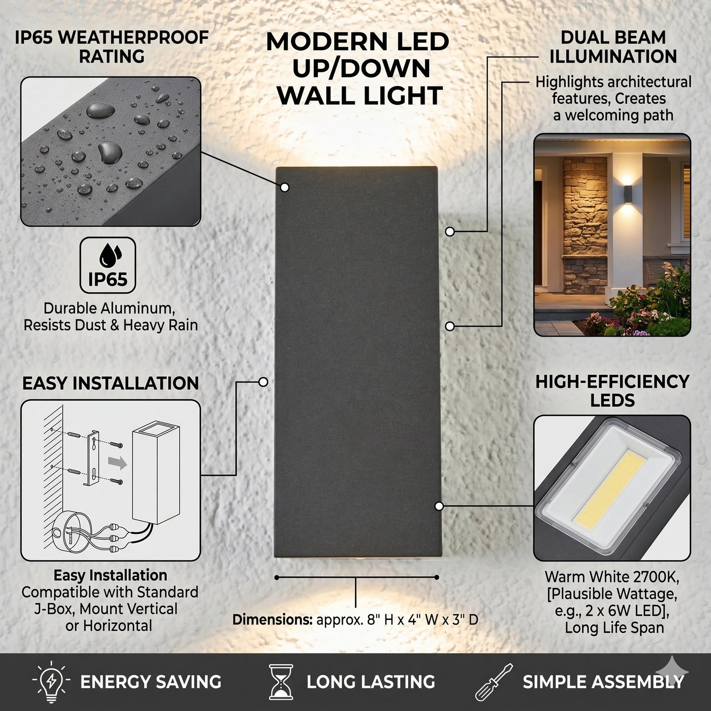 Egylux Anthracite Modern Up Down Outdoor Wall Light - IP54 Waterproof GU10 Rectangle Sconce (1862B1-EGX)