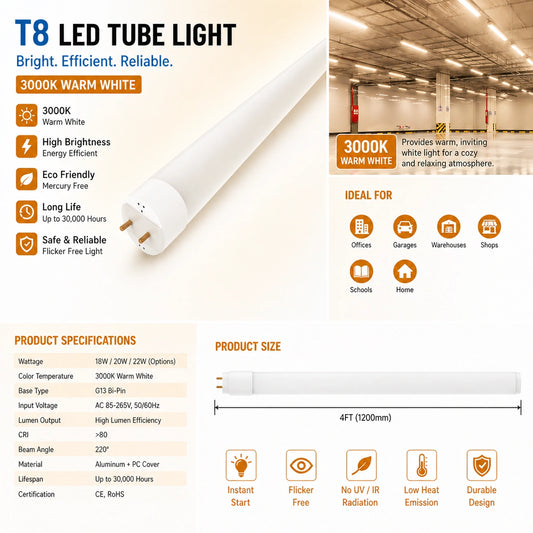 Elsewedy 4ft T8 LED Tube Light - 18W Plug & Play Type A Fluorescent Replacement (T8/T12 Compatible, 3000K)