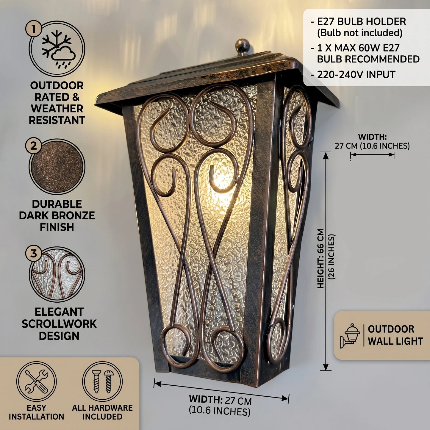 Elsewedy Vintage 1-Light Garden Wall Sconce - Brown & Black IP44 Waterproof Exterior Light with Clear Glass (2002-1WS)