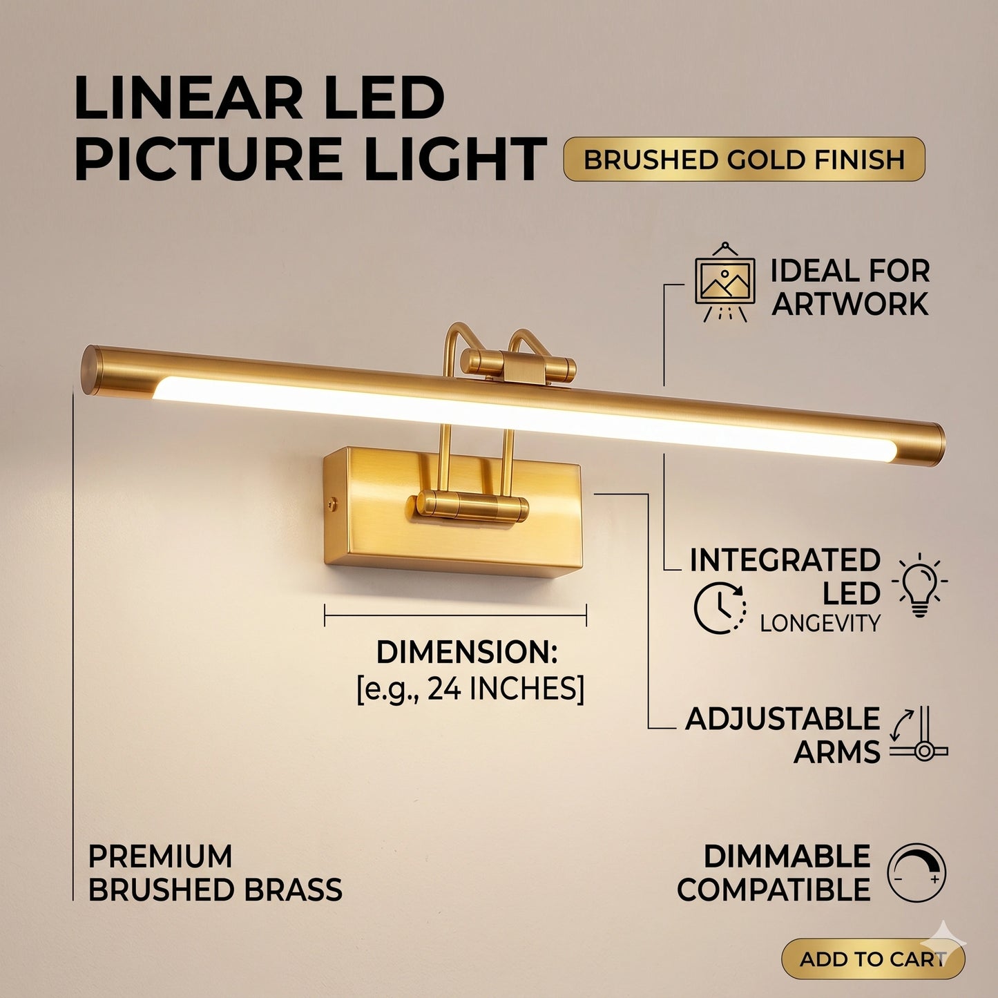 Elsewedy 20W Brushed Gold LED Vanity Light - 180° Rotatable & Dimmable Bathroom Mirror Bar (2006-L)
