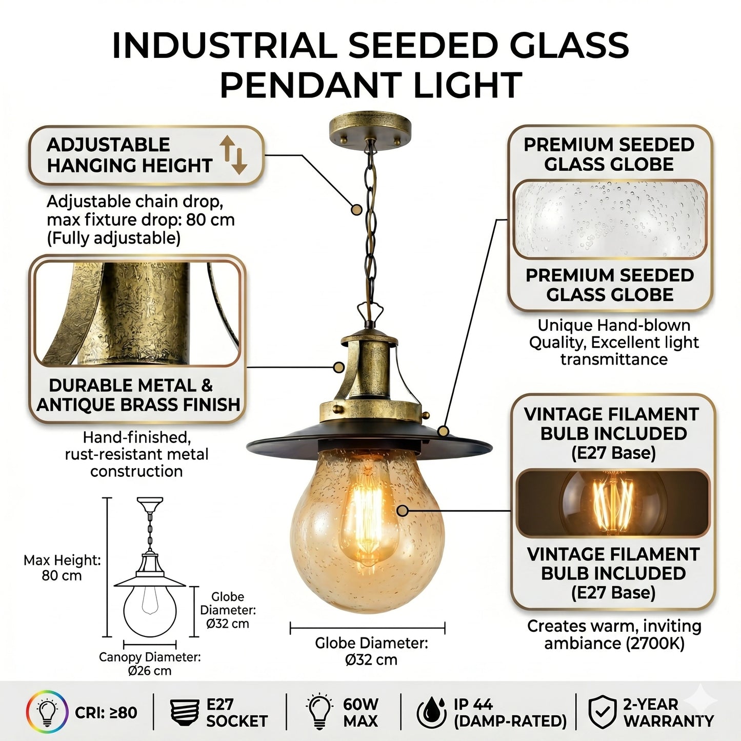Elsewedy Gold Outdoor Hanging Lantern - Bubble Glass E27 Waterproof Pendant (2165-1H)