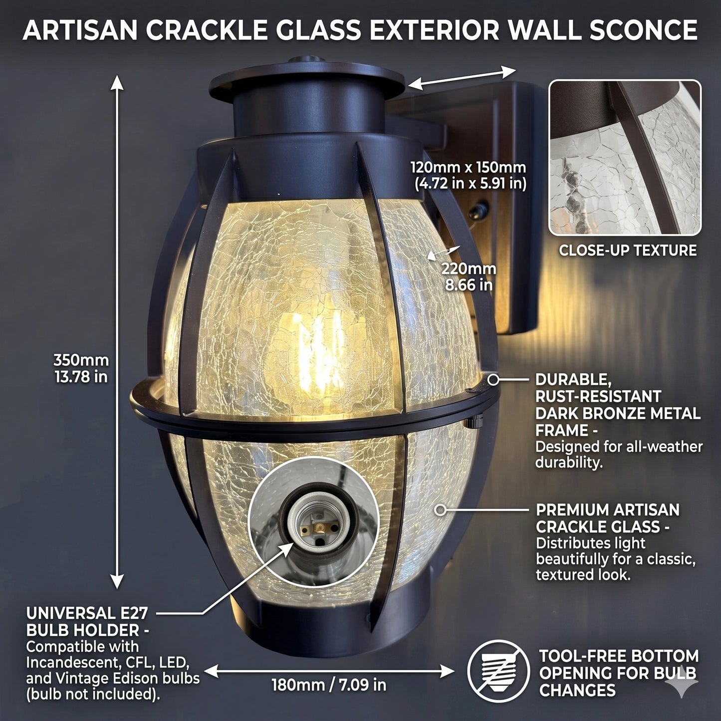 Elsewedy Vintage Barn Wall Sconce - IP44 Waterproof External Light with Impact-Resistant Tempered Glass (2229-1W)