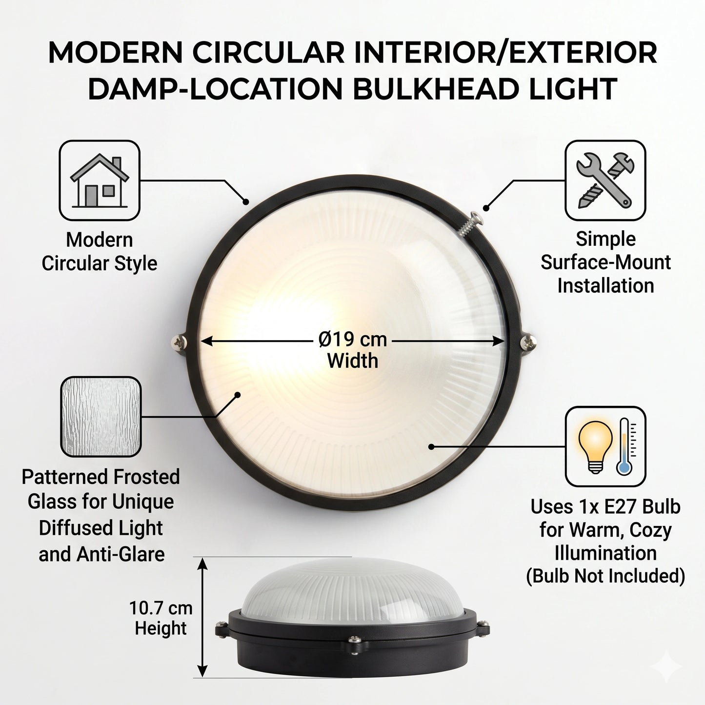 Egylux 19cm Round Aluminum Bulkhead Light - IP54 Waterproof White E27 Wall & Ceiling Outdoor Lamp (3012SB-EGX)