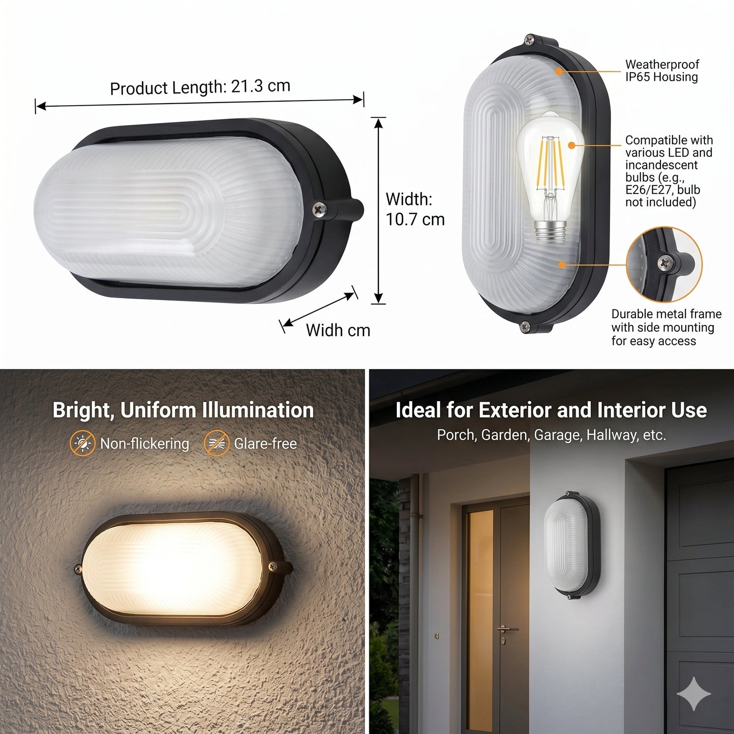 Egylux Black Nautical Grid Bulkhead Light - IP54 Waterproof E27 Wall & Ceiling Flush Mount Lamp (3022B-EGX)