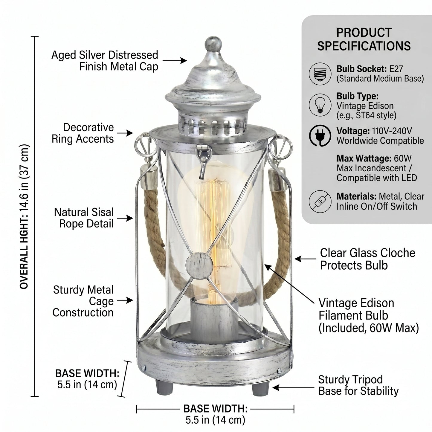 Eglo Bradford Industrial Silver Lantern Table Lamp - 14cm Glass Bedside Light with 6W LED (49284)