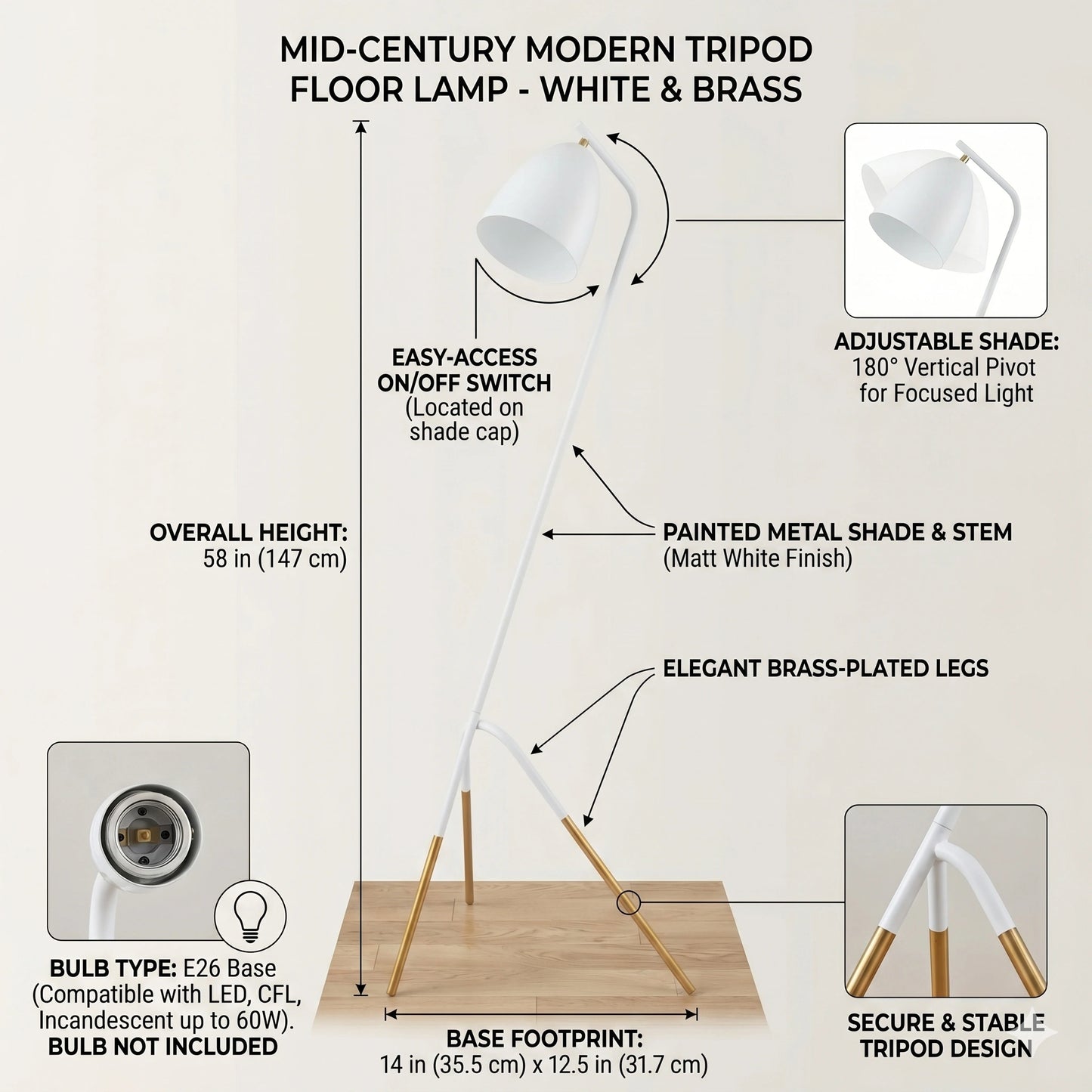 Eglo 148cm White & Gold Arc Floor Lamp - Modern Standing Light with 600LM LED Bulb (49944)