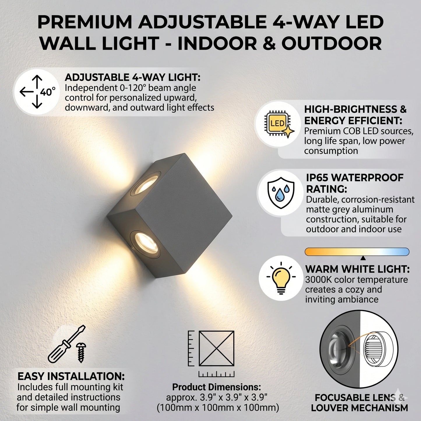 Egylux 4W LED Grey Up Down Wall Sconce - IP54 Waterproof Indoor/Outdoor Architectural Light (6020-4X1W)