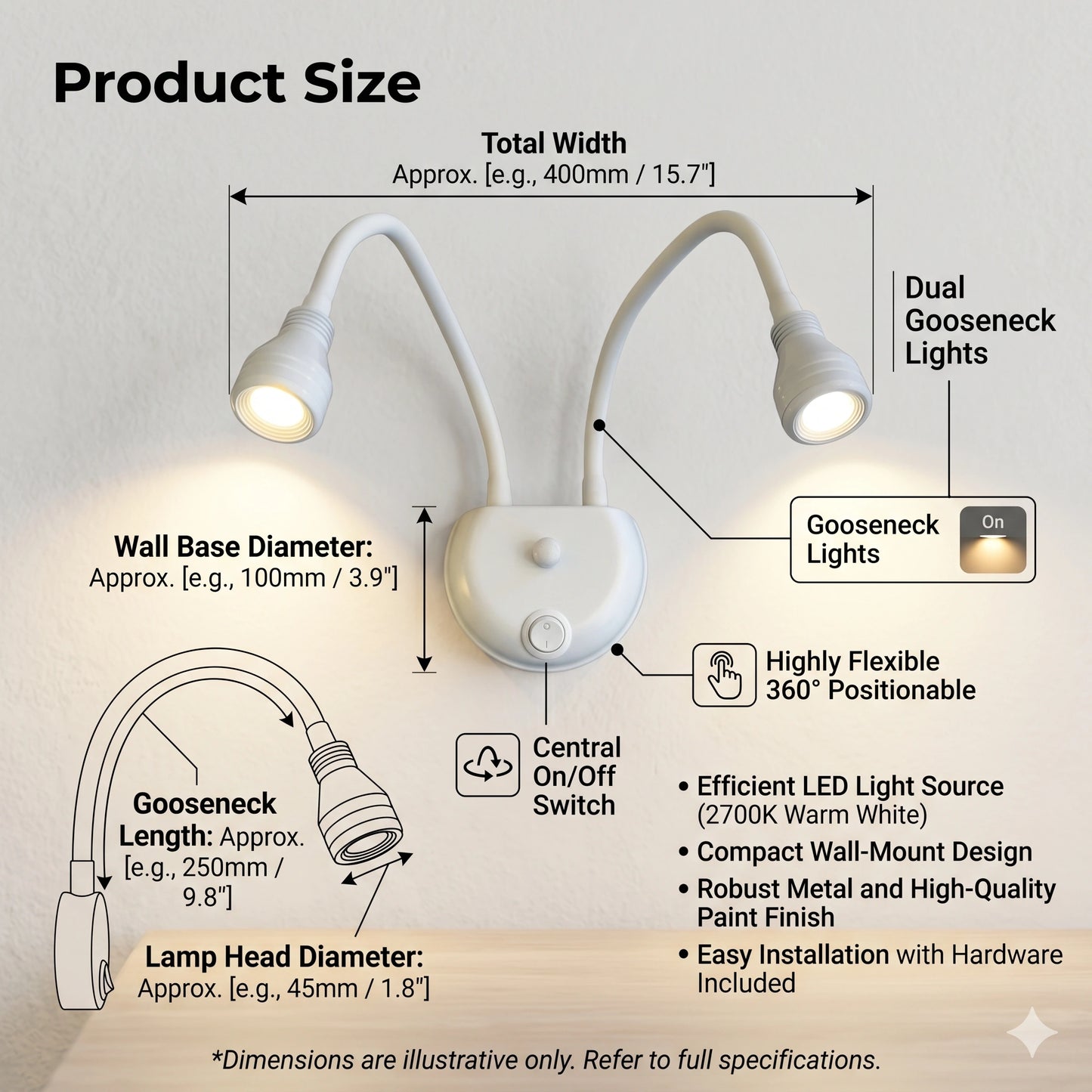 Elsewedy Dual 3W LED Flexible Gooseneck Reading Light - 3000K Warm White Double Wall Lamp with Switches (64-25C)