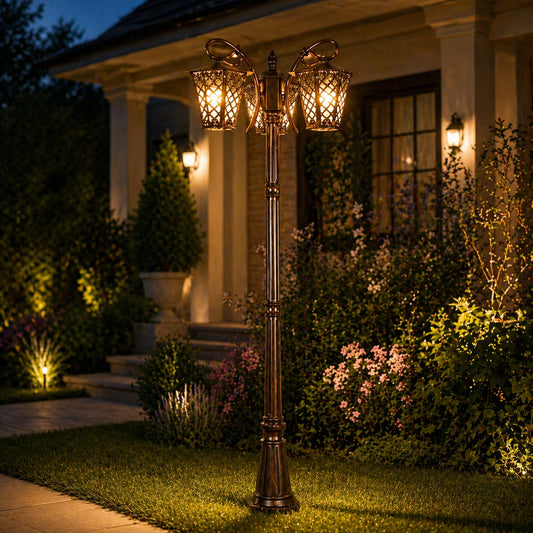 Elsewedy 3-Head Outdoor Garden Post Light - Triple Lantern Surface-Mount Pole Lighting for Pathway & Patio (Fits 3 x E27 Bulbs)