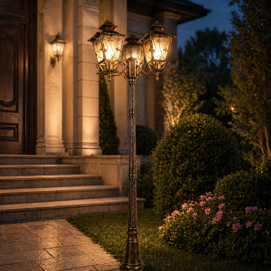 Elsewedy 2.2m Classic Gold 3-Head Outdoor Lamp Post - Triple Lantern Street Light for Driveway & Estate (3 x E27 Base)