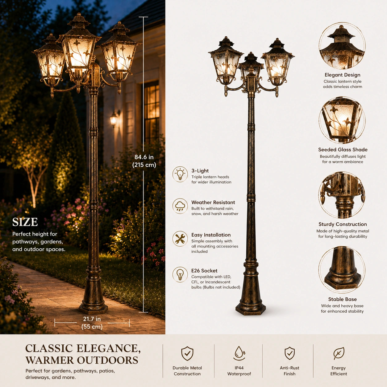 Elsewedy 2.2m Classic Gold 3-Head Outdoor Lamp Post - Triple Lantern Street Light for Driveway & Estate (3 x E27 Base)