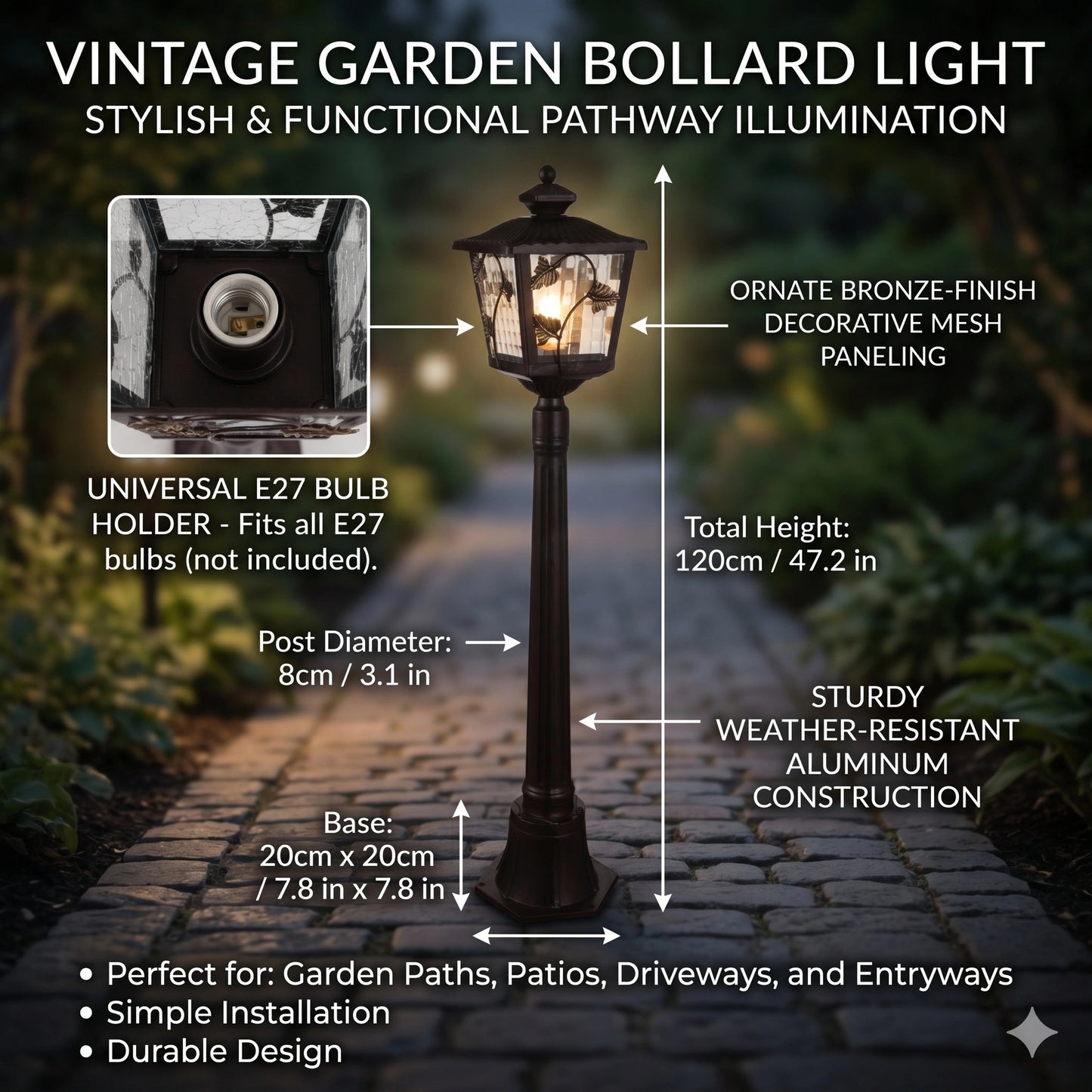 Elsewedy 0.75m Aluminum Garden Bollard Light - IP44 Waterproof Traditional E27 Landscape Pathway Post Lamp
