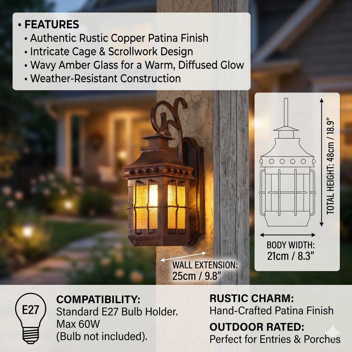 Elsewedy XL Modern Dusk to Dawn Outdoor Wall Light - Brown & Black IP44 Waterproof Anti-Rust E27 Exterior Sconce (9091-1WS)