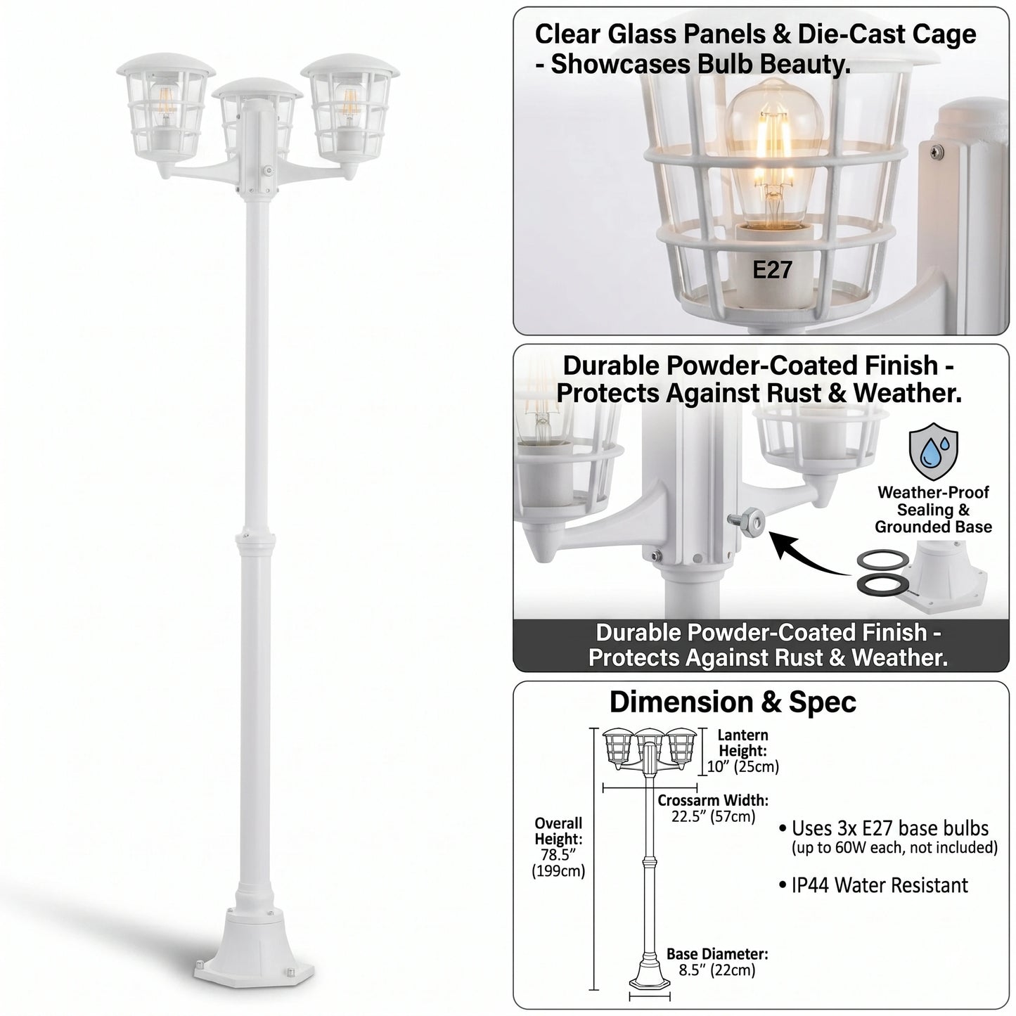 Eglo Aloria 180cm Triple-Head Outdoor Post Light - White Anti-Rust Garden Lantern (IP44 E27)