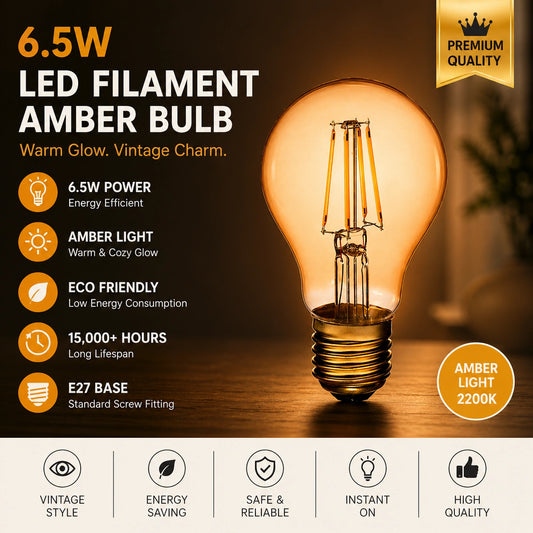 Elsewedy 6.5W Amber LED Filament Bulb - A60 E27 Edison Screw 2200K Ultra-Warm Decorative Vintage Lamp (35W Equivalent)