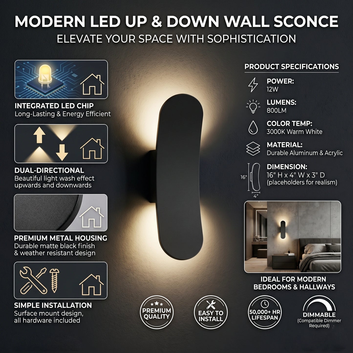 Egylux 6W LED Up Down Outdoor Wall Light - IP54 Waterproof Modern Exterior Sconce for Front Door (AH00311)