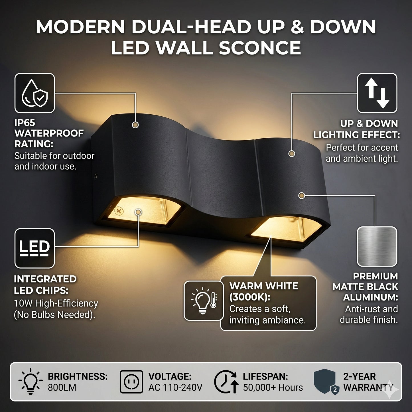 Egylux LED Up Down Outdoor Wall Sconce - 3000K Warm White Aluminum IP54 Waterproof Exterior Light (AH00921L)