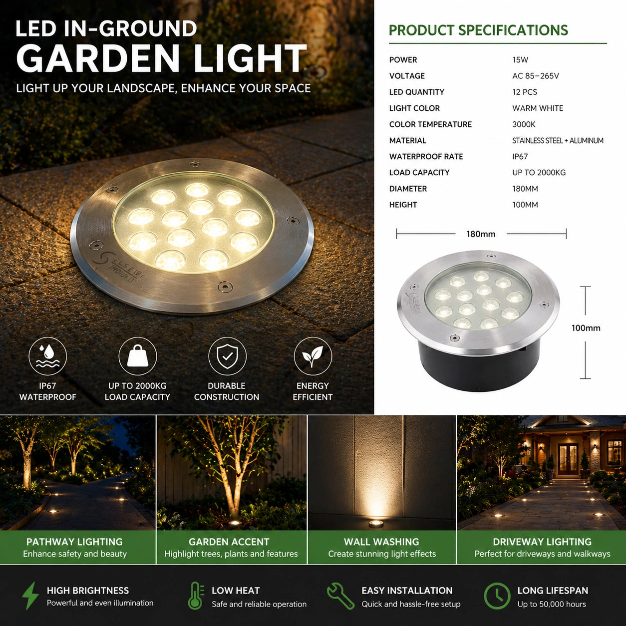 Elsewedy 12W In-Ground LED Garden Light - IP67 Waterproof 3000K Warm White Buried Landscape Lamp (Ø18×10 cm)