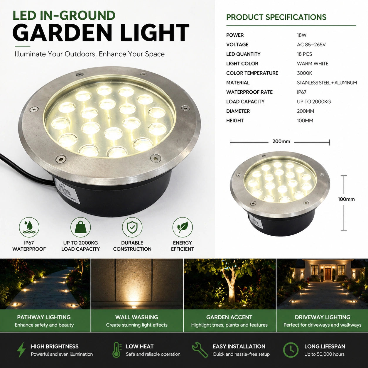 Elsewedy 18W In-Ground LED Garden Light - IP67 Waterproof 3000K Warm White Buried Landscape Lamp (Model D4069, Ø20x9cm)