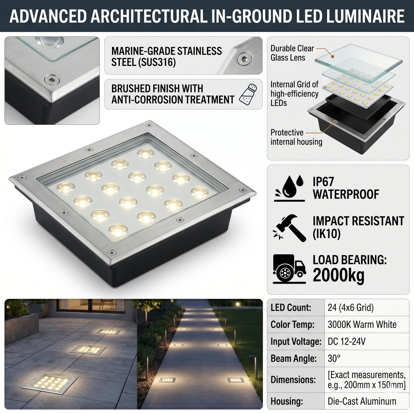 Elsewedy 24W Square LED In-Ground Garden Light - 3000K Warm White Buried Landscape Up light (D4074-1)