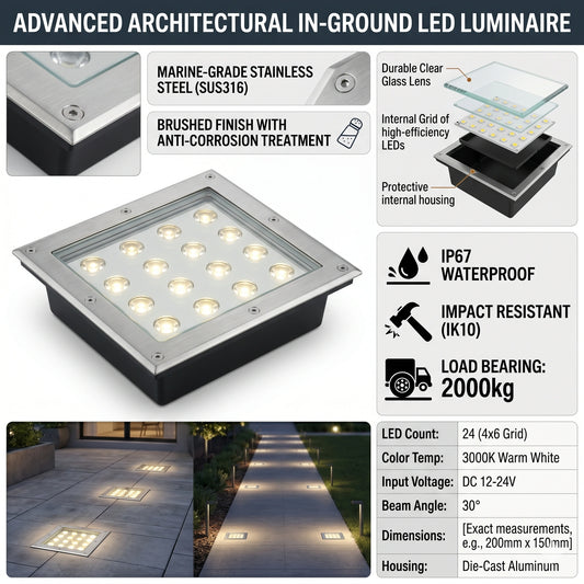 Elsewedy 24W Square LED In-Ground Garden Light - 3000K Warm White Buried Landscape Up light (D4074-1)
