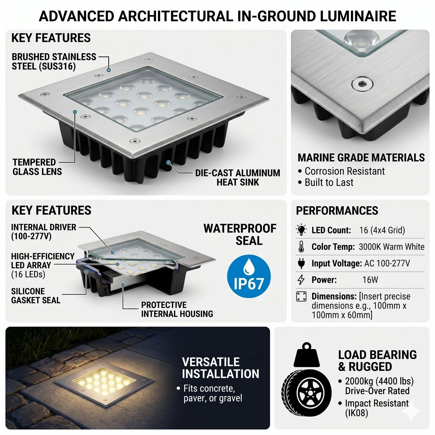 Elsewedy 16W Square LED In-Ground Garden Light - IP67 Waterproof 3000K Buried Landscape Uplight (D4074)