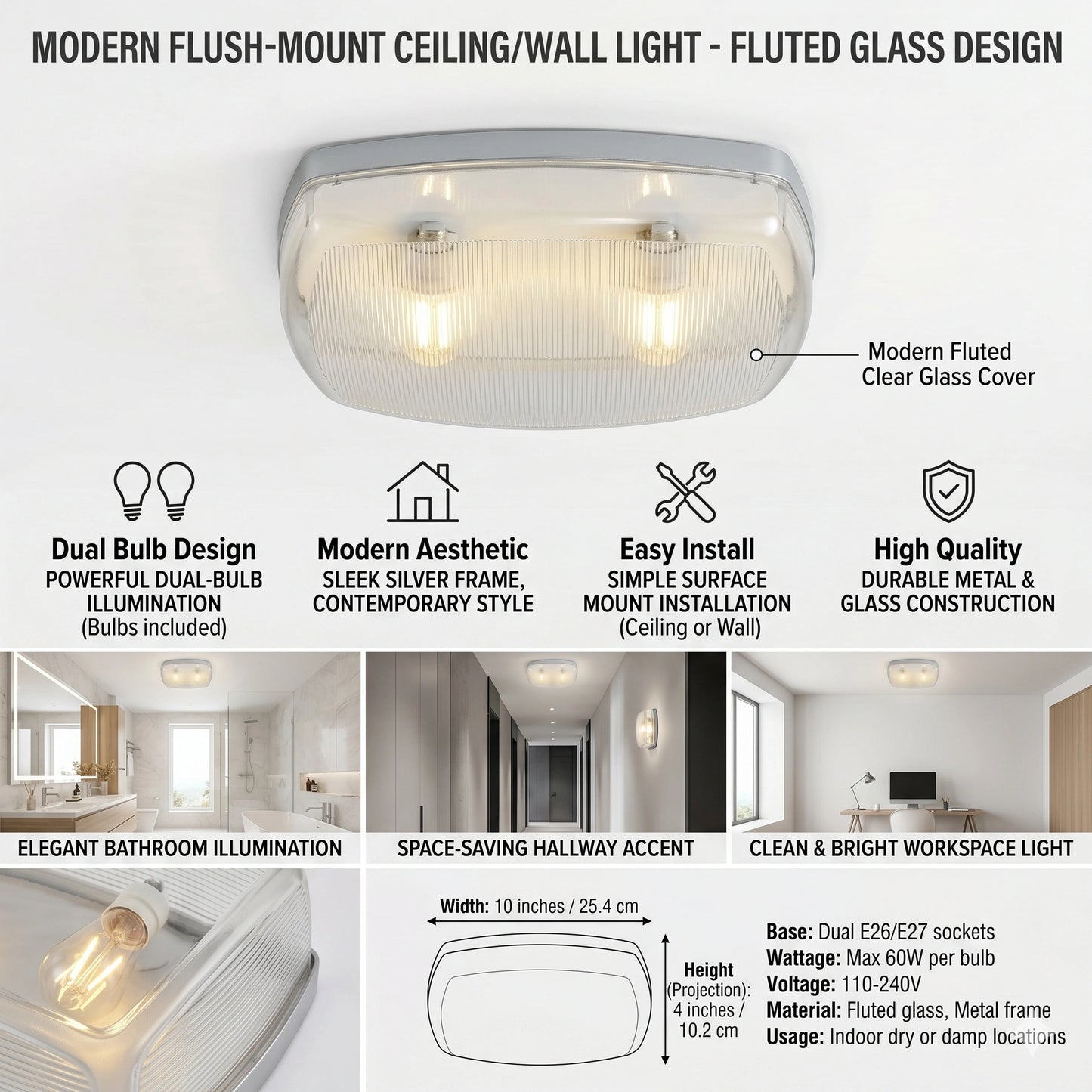 Egylux Porto 100W Flush Mount Ceiling Light - Modern High-Power E27 Plafonnier for Kitchen & Bedroom (EGYPORTO-100W)