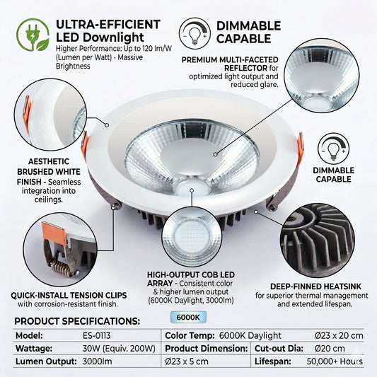Elsewedy 30W Anti-Glare COB LED Downlight - 6000K Cool White Recessed Spotlight (ES-0113)