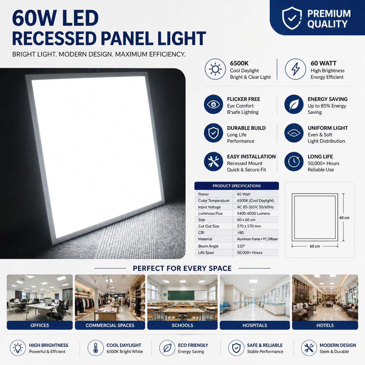 Elsewedy 60W LED 60x60cm Panel Light - 5800LM 6000K Cool White Troffer for Drop Ceilings (60W=150W Equivalent)