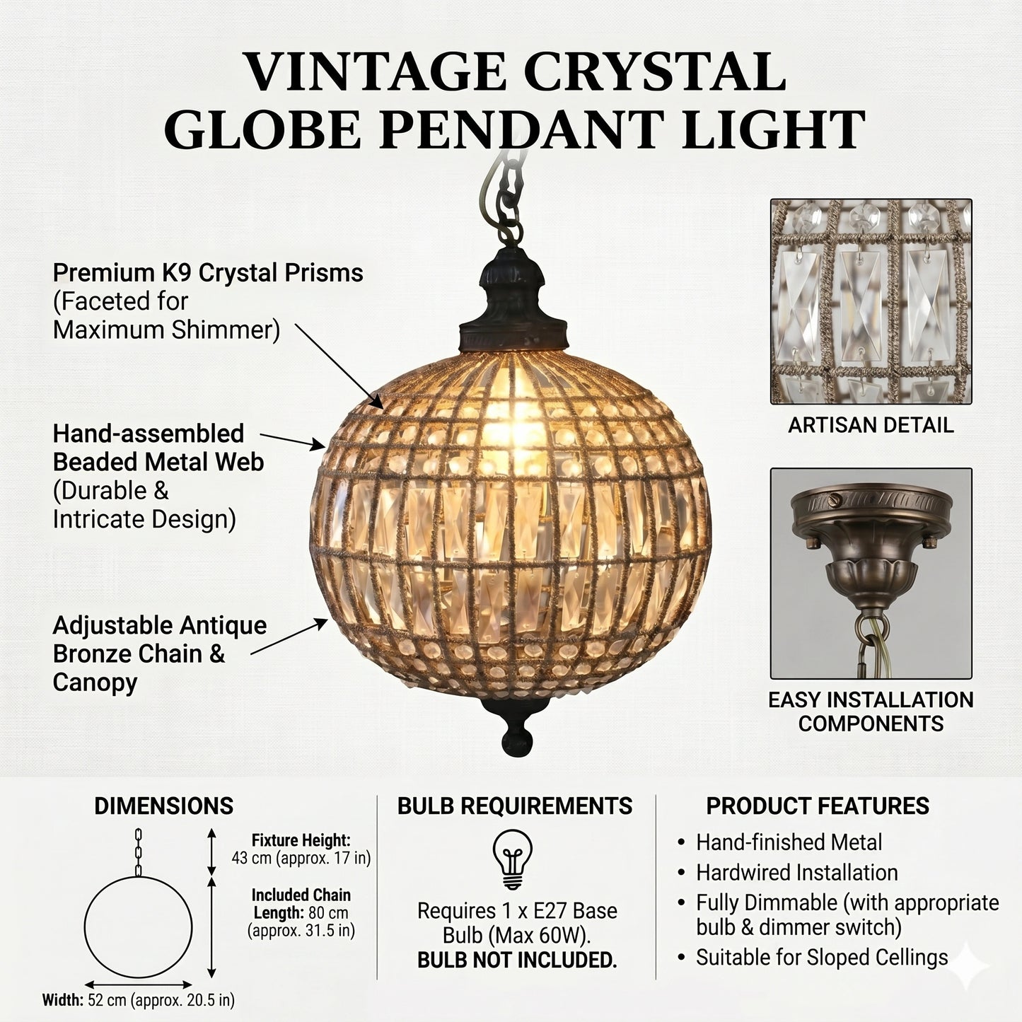 Elsewedy Antique Bronze Crystal Globe Chandelier - Sphere Pendant Light (YG1010/30B)