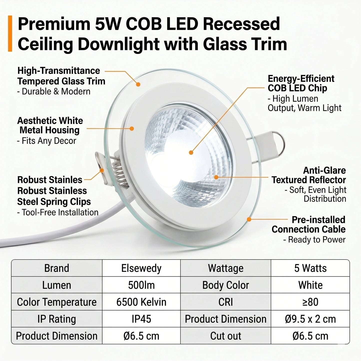 Led Glass Down light Recessed 5Watt 6000k White, Room, Kitchen, Bars, Bedrooms, Shops Elsewedy 0114