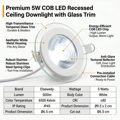 Led Glass Down light Recessed 5Watt 6000k White, Room, Kitchen, Bars, Bedrooms, Shops Elsewedy 0114