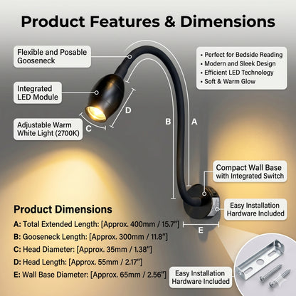 Elsewedy 3W Flexible LED Bedside Reading Light - 3000K Warm White Wall Mounted Study Lamp with Base Switch (06B-MC)