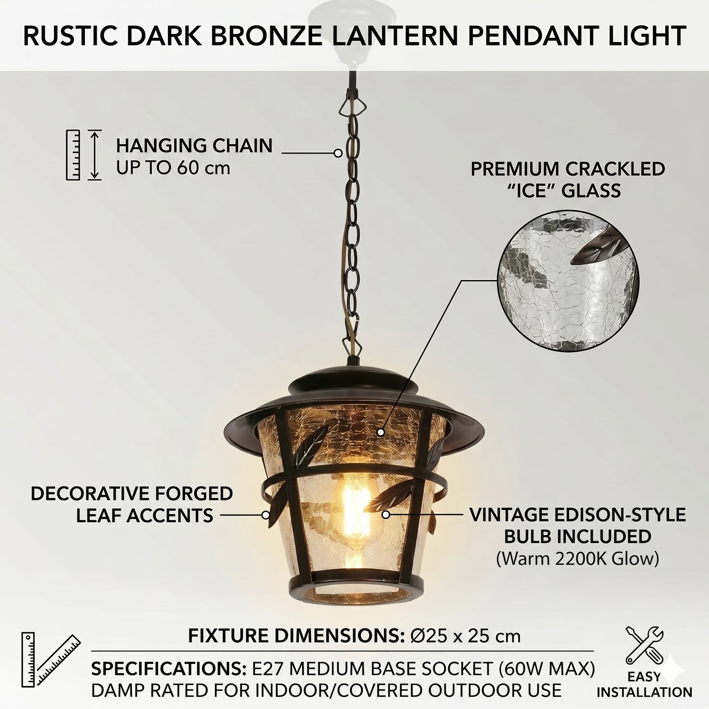 Elsewedy Outdoor Hanging Lantern - Rustic Bronze Waterproof E27 Pendant Light (1050-1H)