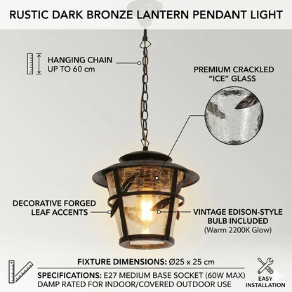 Elsewedy Outdoor Hanging Lantern - Rustic Bronze Waterproof E27 Pendant Light (1050-1H)