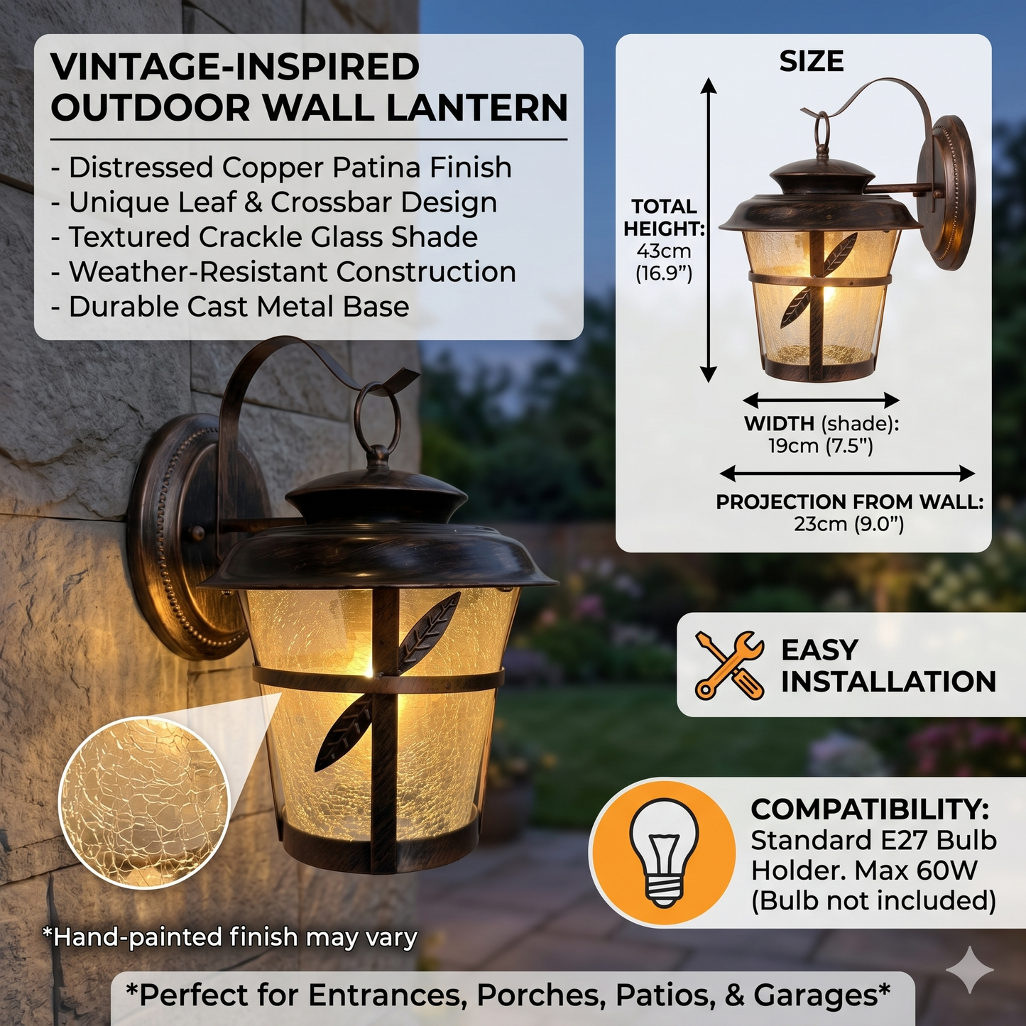Elsewedy Bronze & Black Modern Garden Wall Sconce - IP44 Waterproof Farmhouse Lantern with Clear Glass (1050-1W)