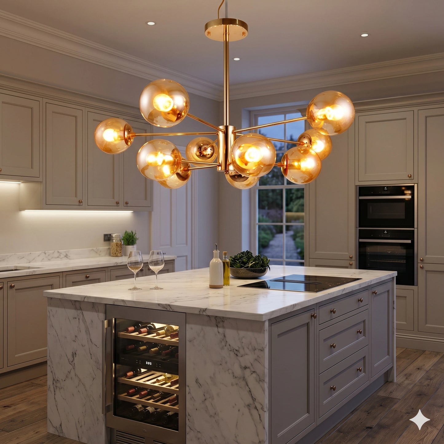 Elsewedy 10-Light Gold Sputnik Chandelier - Mid-Century Modern Semi-Flush Mount Ceiling Light with Glass Globes (1050/5+5)