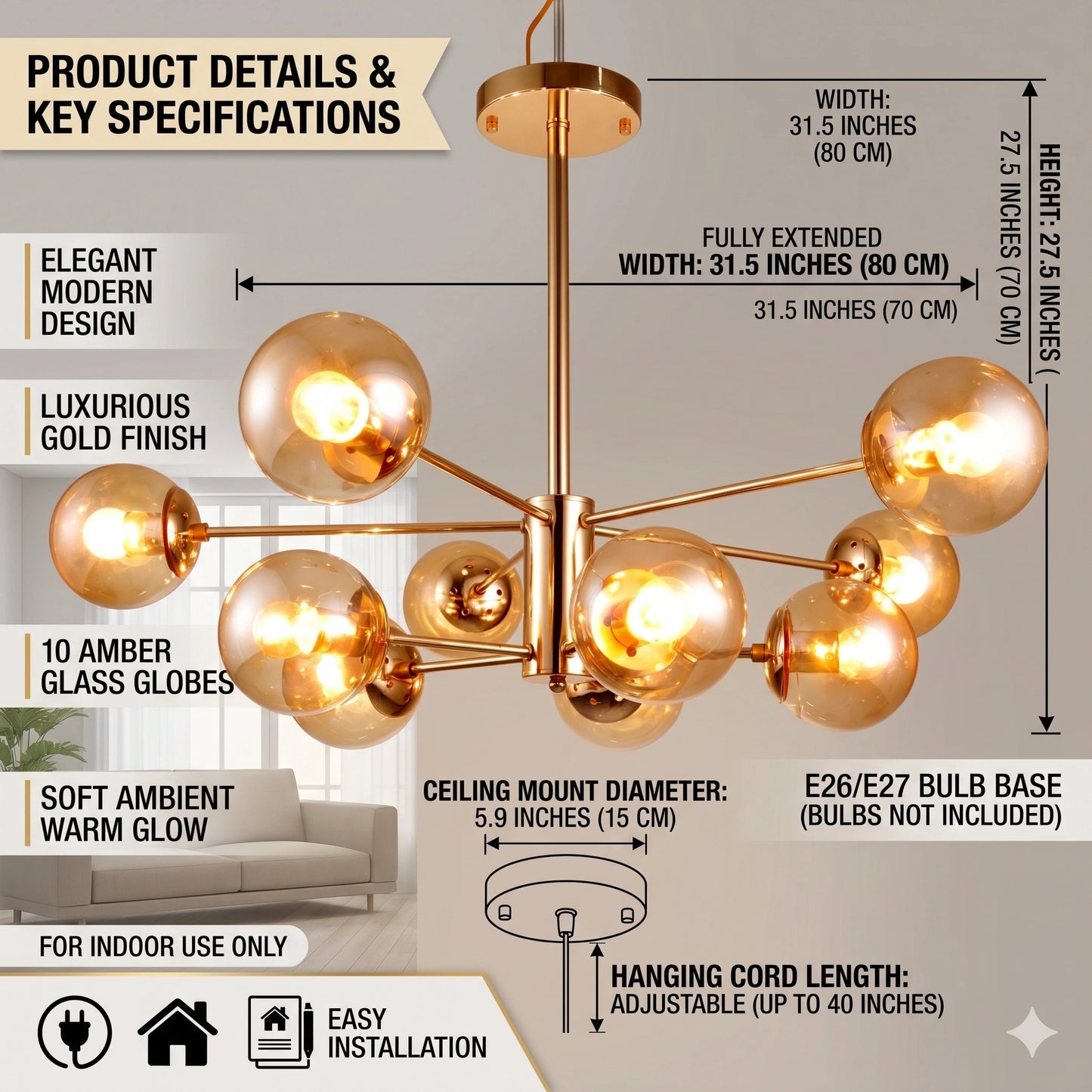 Elsewedy 10-Light Gold Sputnik Chandelier - Mid-Century Modern Semi-Flush Mount Ceiling Light with Glass Globes (1050/5+5)