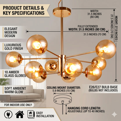 Elsewedy 10-Light Gold Sputnik Chandelier - Mid-Century Modern Semi-Flush Mount Ceiling Light with Glass Globes (1050/5+5)