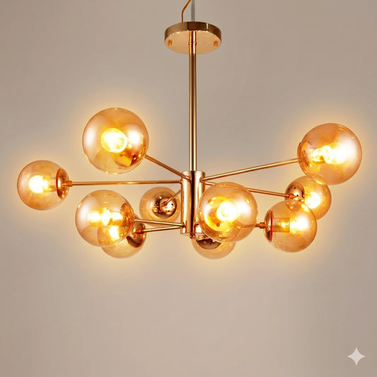 Elsewedy 10-Light Gold Sputnik Chandelier - Mid-Century Modern Semi-Flush Mount Ceiling Light with Glass Globes (1050/5+5)