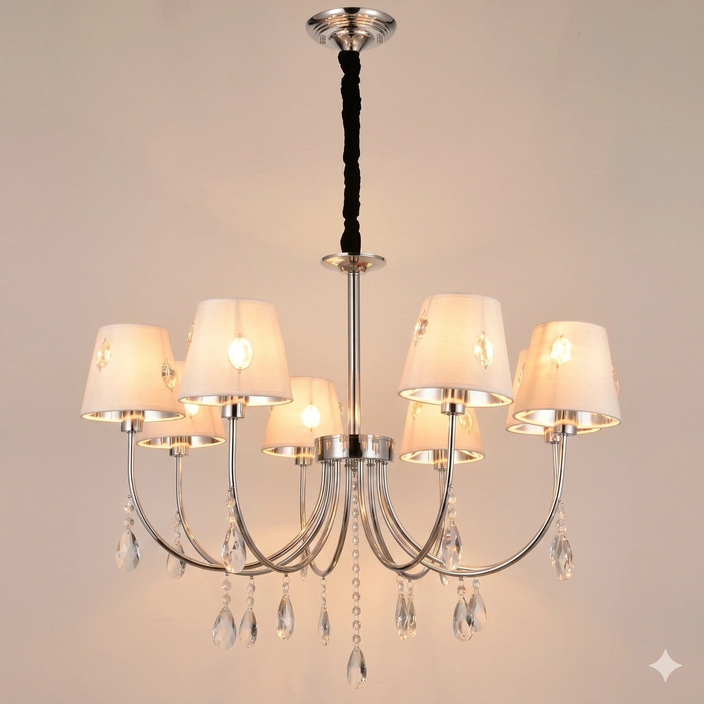 Elsewedy 8-Light Chromium Modern Chandelier - 36cm Height Adjustable Pendant Light with White Shades (1205/8)