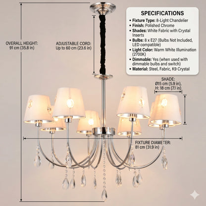 Elsewedy 8-Light Chromium Modern Chandelier - 36cm Height Adjustable Pendant Light with White Shades (1205/8)