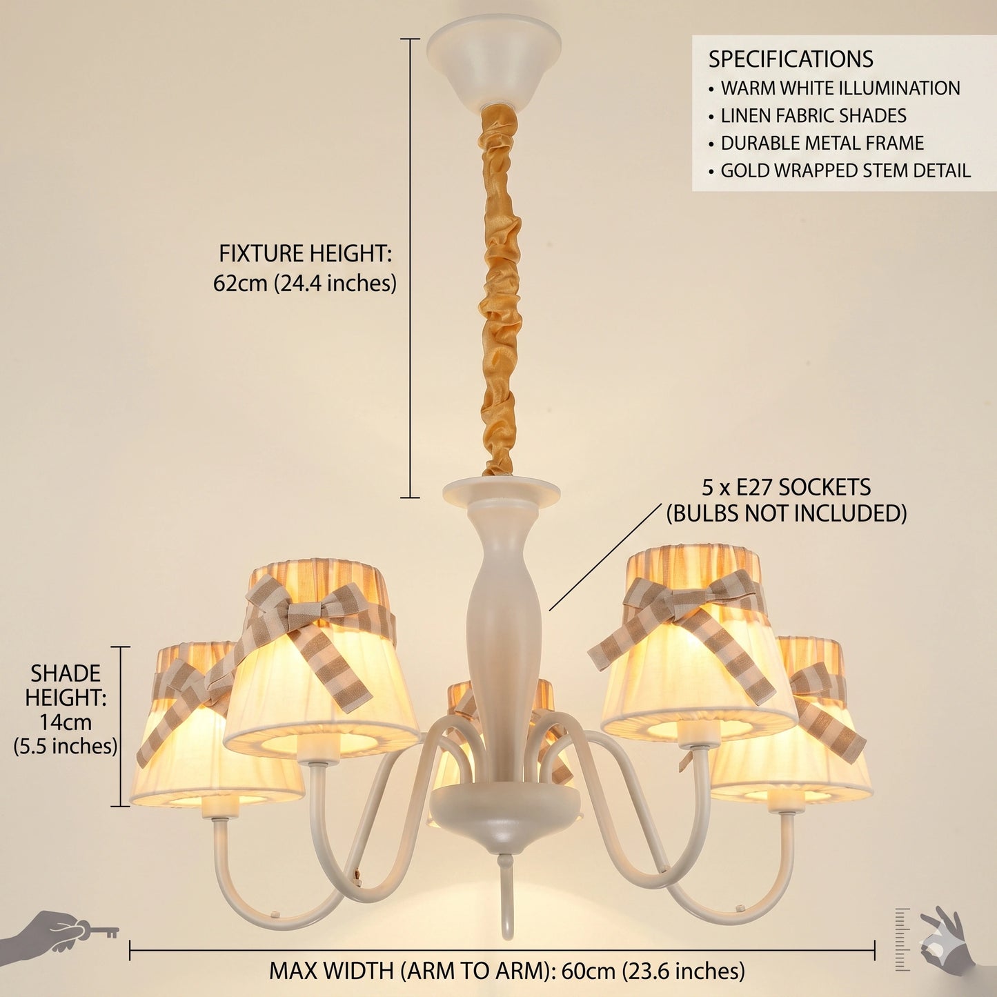 Elsewedy 5-Light Large Modern Fabric Pendant - White Hanging Ceiling Chandelier for Dining Room & Bedroom (1209/5)