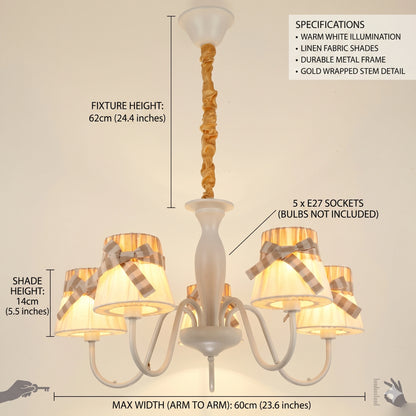 Elsewedy 5-Light Large Modern Fabric Pendant - White Hanging Ceiling Chandelier for Dining Room & Bedroom (1209/5)