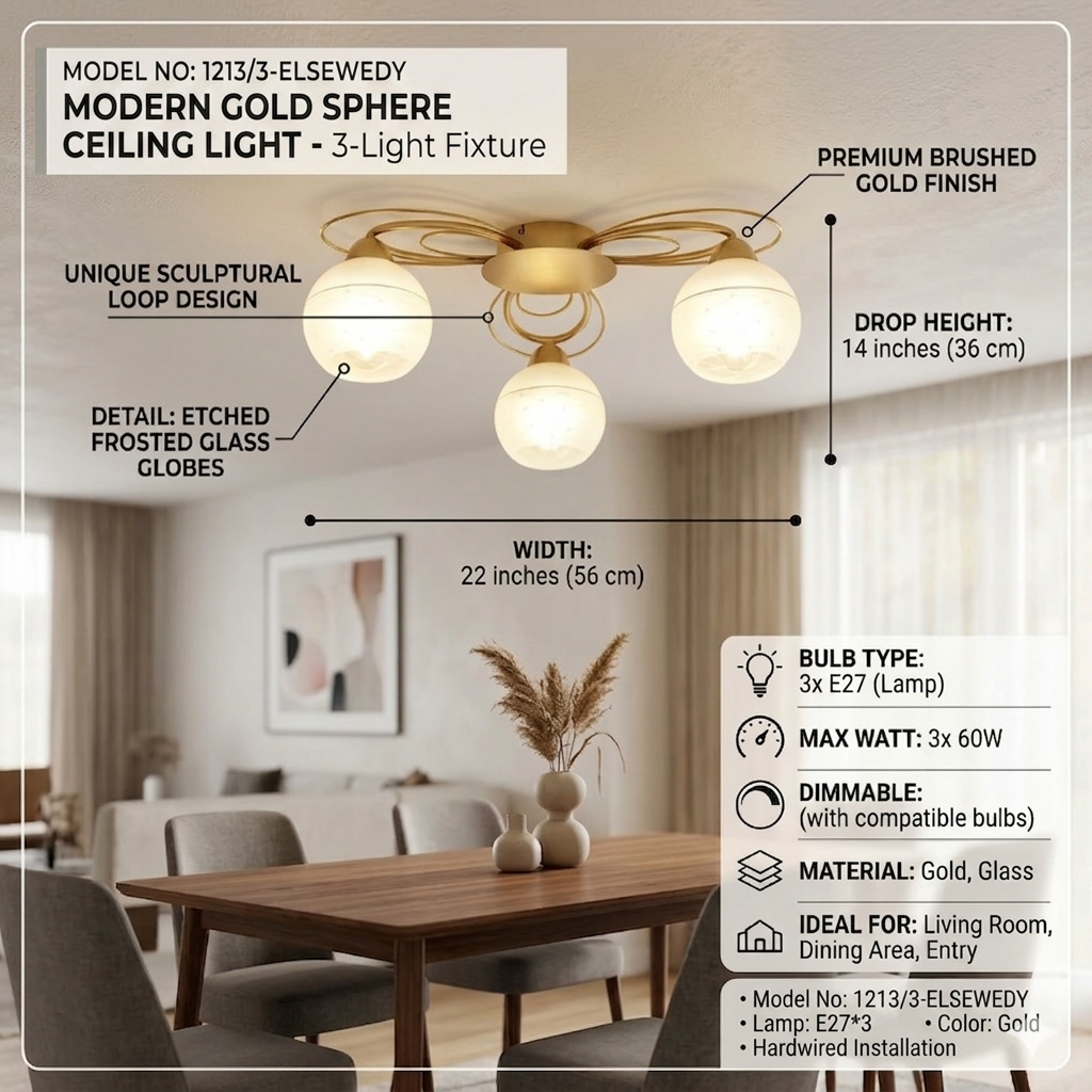 Elsewedy 3-Light Modern Gold Ceiling Light - Curved Milk Glass Globe Flush Mount (1213/3)