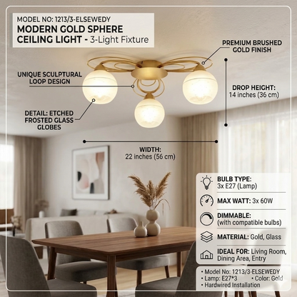 Elsewedy 3-Light Modern Gold Ceiling Light - Curved Milk Glass Globe Flush Mount (1213/3)