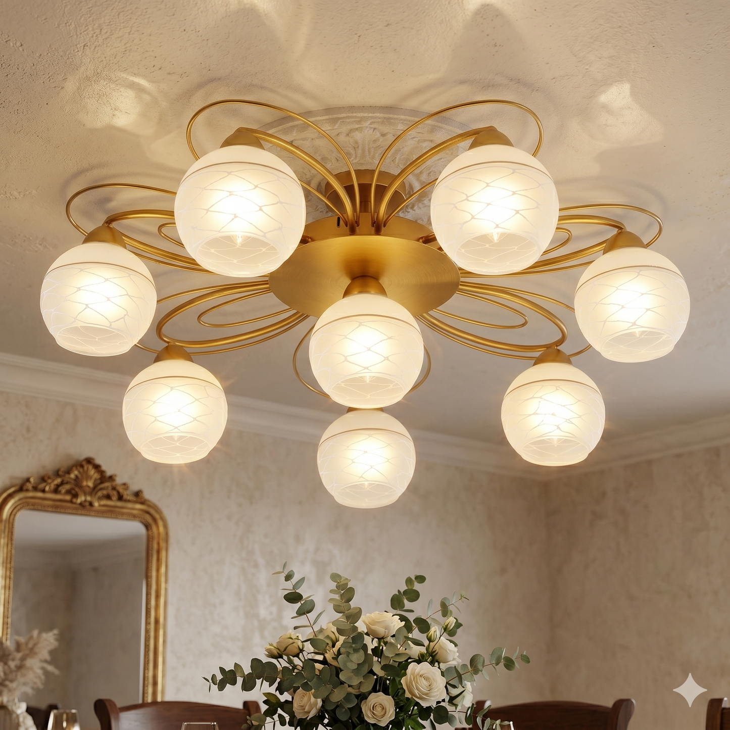 Elsewedy 8-Light Gold Modern Chandelier - Curved Milk Glass Globe Semi Flush Mount (1213/8)