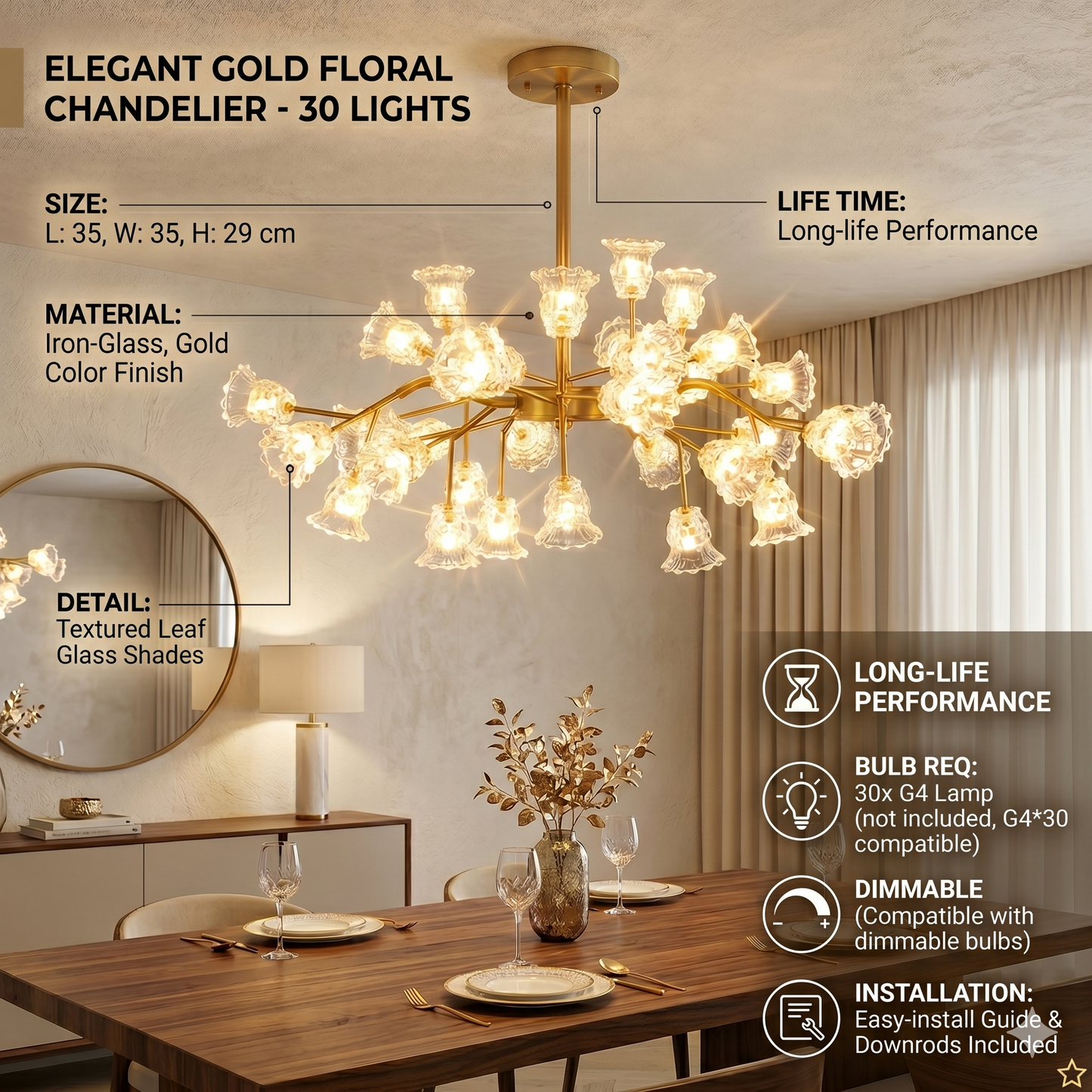 Elsewedy 30-Light G4 LED Ceiling Light - Large Gold Semi Flush Mount (1253/30)